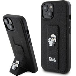 Karl Lagerfeld Gripstand Saffiano Karl&Choupette Pins dėklas iPhone 15 Plus / 14 Plus - juodas