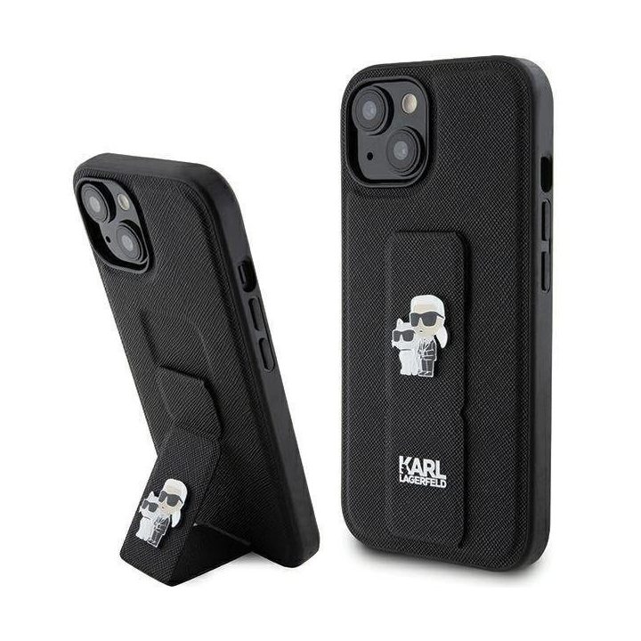 Karl Lagerfeld Gripstand Saffiano Karl&Choupette Pins dėklas iPhone 15 Plus / 14 Plus - juodas