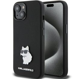 Karl Lagerfeld silikoninis Choupette Metal Pin dėklas iPhone 15 Plus / 14 Plus - juodas