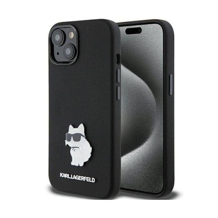 Karl Lagerfeld silikoninis Choupette Metal Pin dėklas iPhone 15 Plus / 14 Plus - juodas