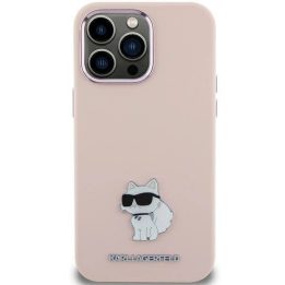 Karl Lagerfeld silikoninis Choupette metalinis smeigtuko dėklas iPhone 15 Plus / 14 Plus - rožinis