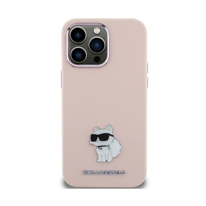 Karl Lagerfeld silikoninis Choupette metalinis smeigtuko dėklas iPhone 15 Plus / 14 Plus - rožinis