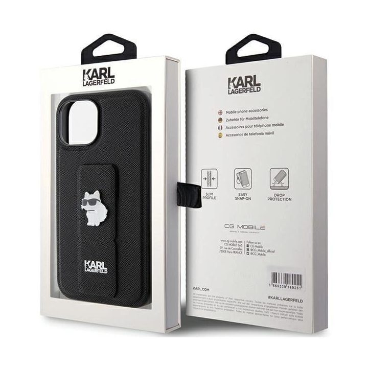 Karl Lagerfeld Gripstand Saffiano Choupette Pins dėklas iPhone 15 - juodas