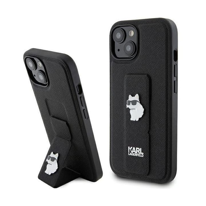 Karl Lagerfeld Gripstand Saffiano Choupette Pins dėklas iPhone 15 - juodas