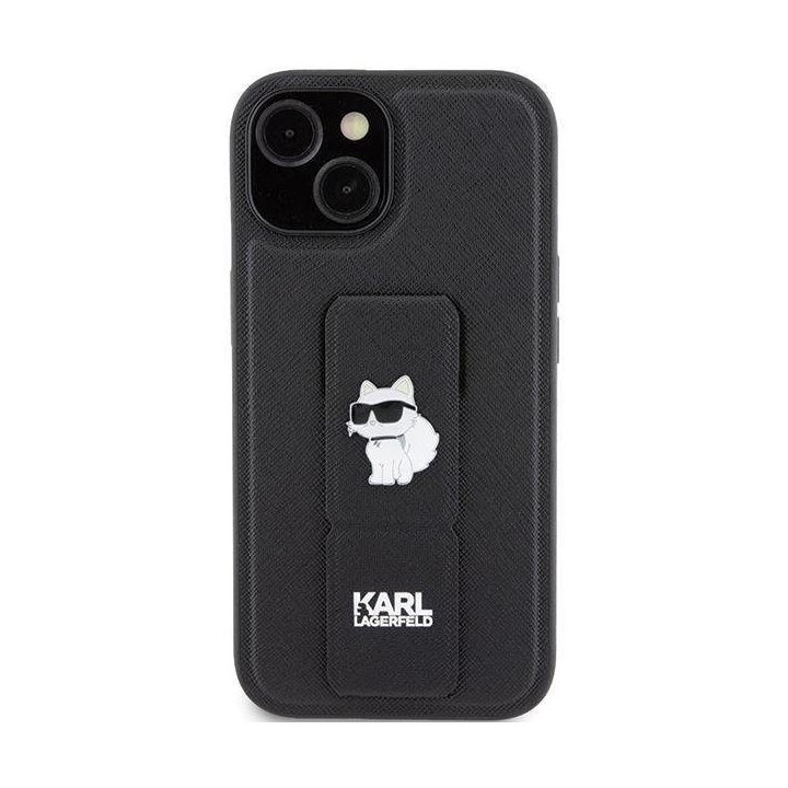 Karl Lagerfeld Gripstand Saffiano Choupette Pins dėklas iPhone 15 - juodas