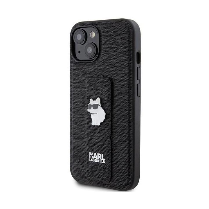 Karl Lagerfeld Gripstand Saffiano Choupette Pins dėklas iPhone 15 - juodas