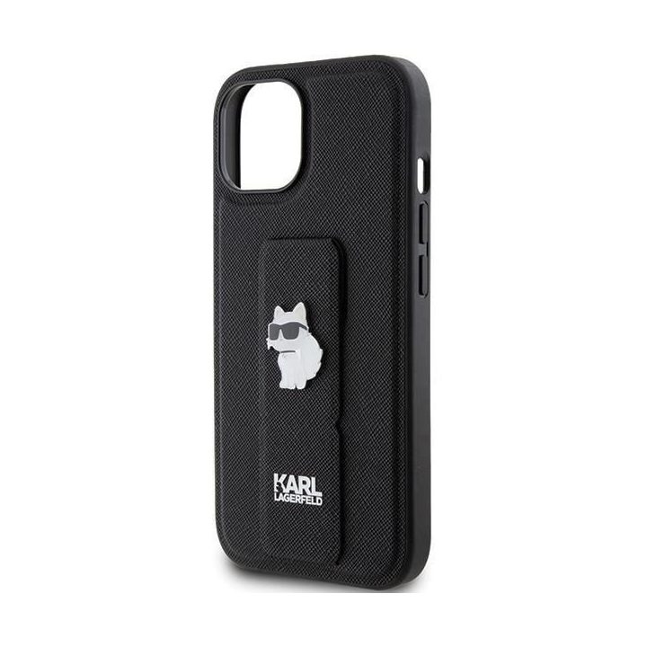 Karl Lagerfeld Gripstand Saffiano Choupette Pins dėklas iPhone 15 - juodas