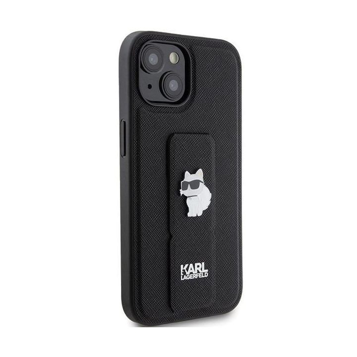 Karl Lagerfeld Gripstand Saffiano Choupette Pins dėklas iPhone 15 - juodas