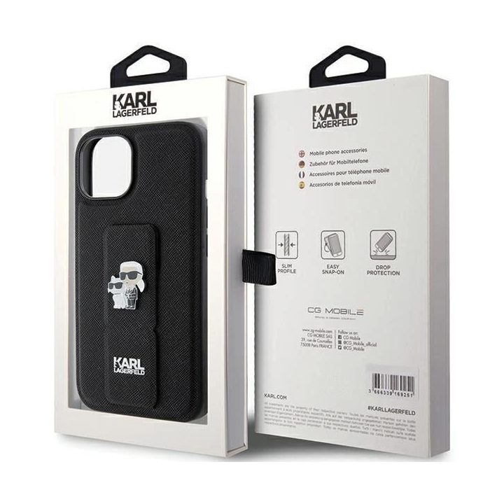 Karl Lagerfeld Gripstand Saffiano Karl&Choupette Pins dėklas iPhone 15 - juodas