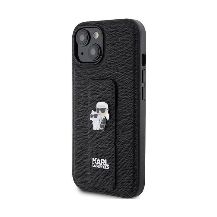 Karl Lagerfeld Gripstand Saffiano Karl&Choupette Pins dėklas iPhone 15 - juodas