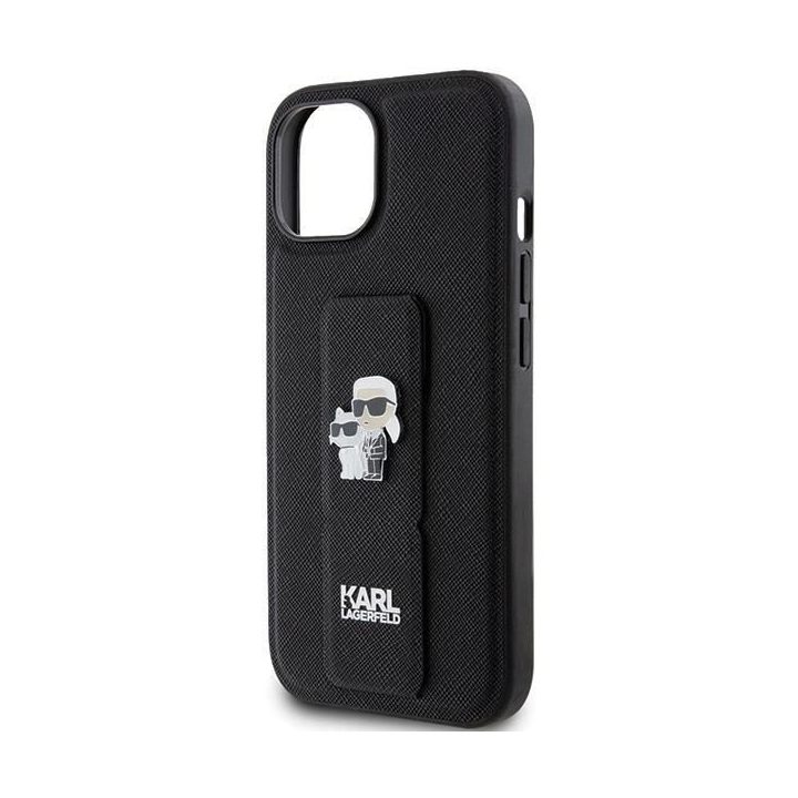 Karl Lagerfeld Gripstand Saffiano Karl&Choupette Pins dėklas iPhone 15 - juodas
