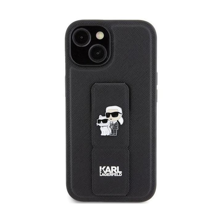 Karl Lagerfeld Gripstand Saffiano Karl&Choupette Pins dėklas iPhone 15 - juodas