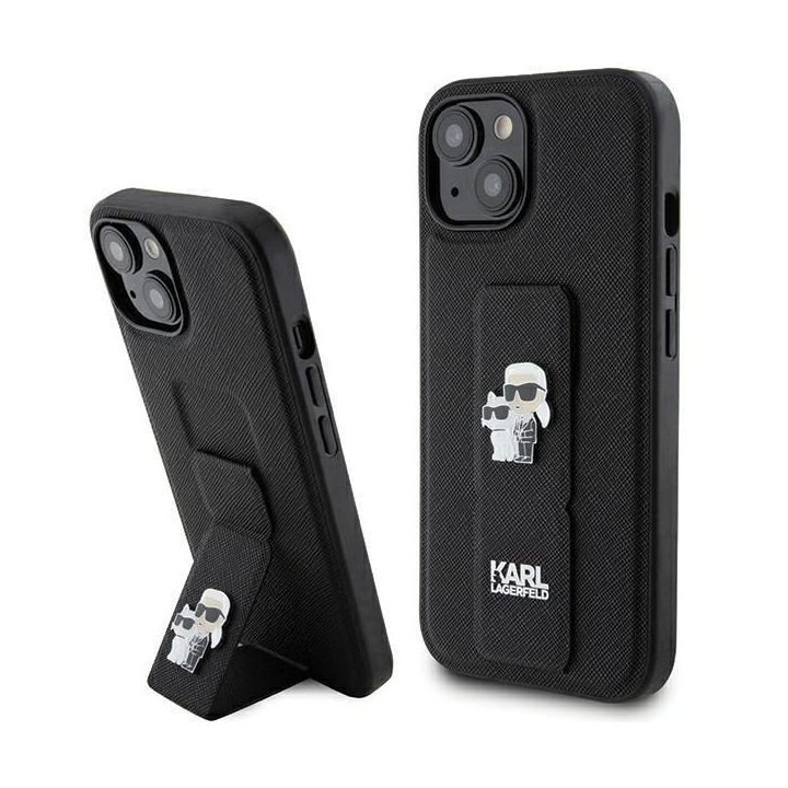 Karl Lagerfeld Gripstand Saffiano Karl&Choupette Pins dėklas iPhone 15 - juodas