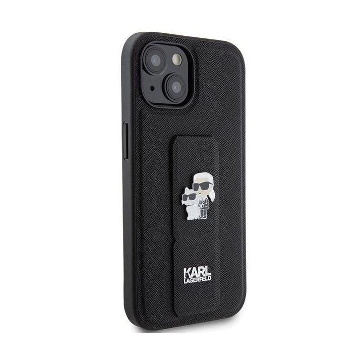 Karl Lagerfeld Gripstand Saffiano Karl&Choupette Pins dėklas iPhone 15 - juodas