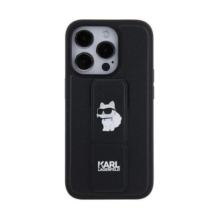 Karl Lagerfeld Gripstand Saffiano Choupette Pins dėklas iPhone 15 Pro Max - juodas