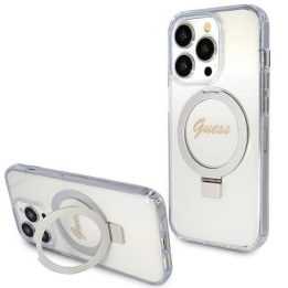 Guess Ring Stand Script Glitter MagSafe dėklas iPhone 15 Pro - skaidrus