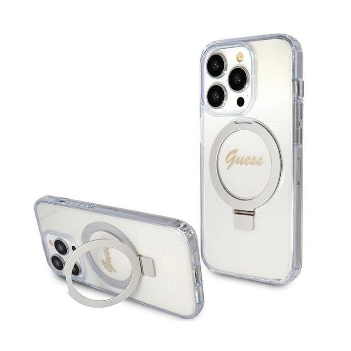 Guess Ring Stand Script Glitter MagSafe dėklas iPhone 15 Pro - skaidrus