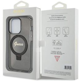 Guess Ring Stand Script Glitter MagSafe dėklas iPhone 15 Pro - juodas