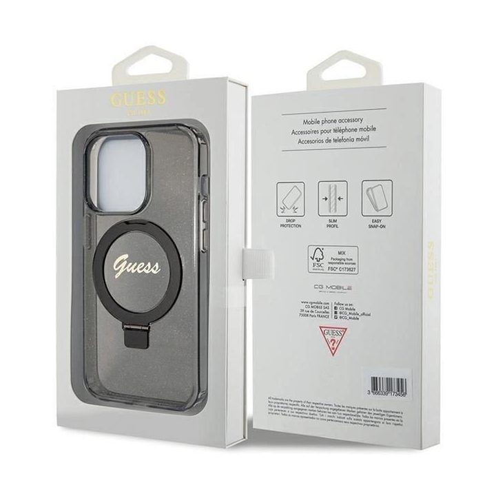 Guess Ring Stand Script Glitter MagSafe dėklas iPhone 15 Pro - juodas