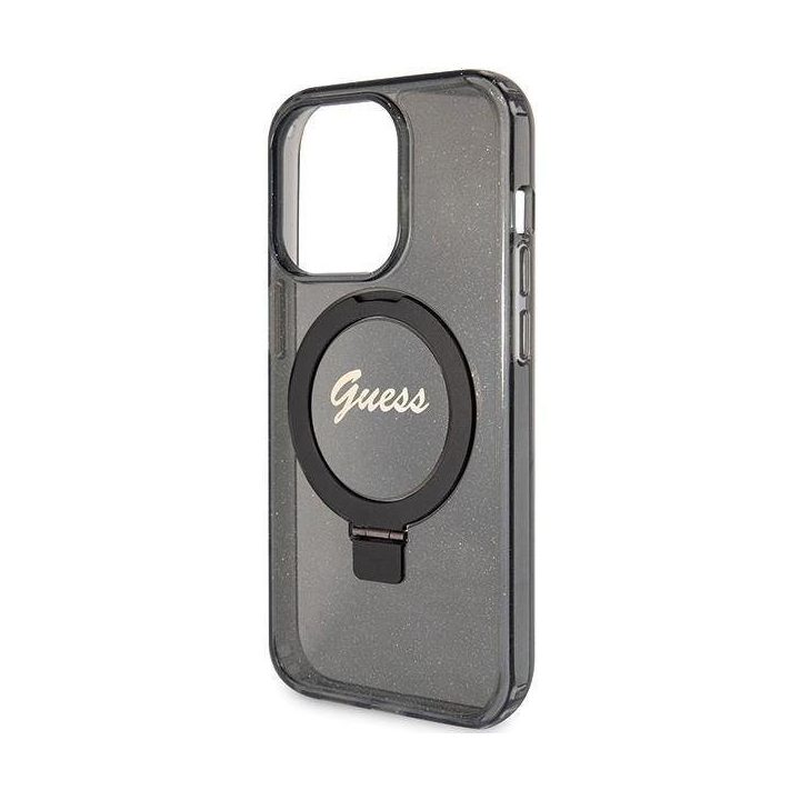 Guess Ring Stand Script Glitter MagSafe dėklas iPhone 15 Pro - juodas