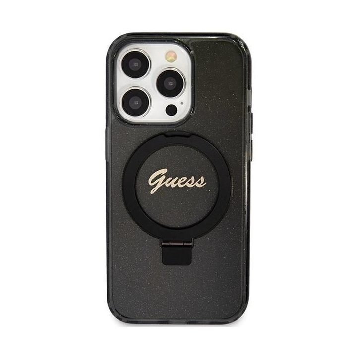 Guess Ring Stand Script Glitter MagSafe dėklas iPhone 15 Pro - juodas