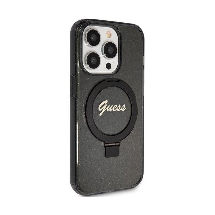 Guess Ring Stand Script Glitter MagSafe dėklas iPhone 15 Pro - juodas
