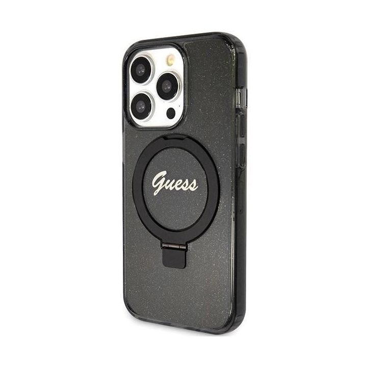Guess Ring Stand Script Glitter MagSafe dėklas iPhone 15 Pro - juodas