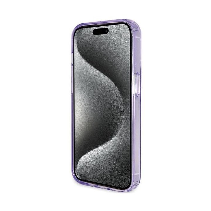 Guess Ring Stand Script Glitter MagSafe dėklas iPhone 15 Pro - violetinis