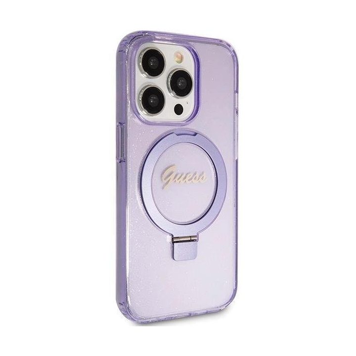 Guess Ring Stand Script Glitter MagSafe dėklas iPhone 15 Pro - violetinis