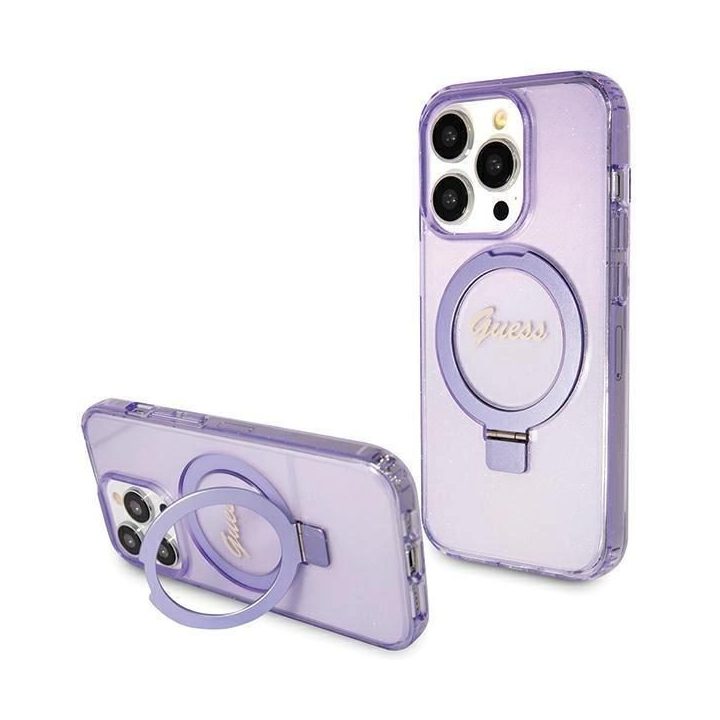 Guess Ring Stand Script Glitter MagSafe dėklas iPhone 15 Pro - violetinis