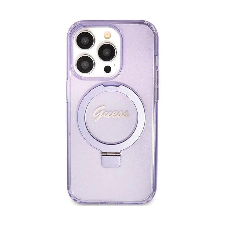 Guess Ring Stand Script Glitter MagSafe dėklas iPhone 15 Pro - violetinis