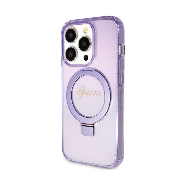 Guess Ring Stand Script Glitter MagSafe dėklas iPhone 15 Pro - violetinis