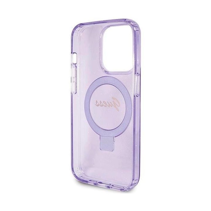 Guess Ring Stand Script Glitter MagSafe dėklas iPhone 15 Pro - violetinis