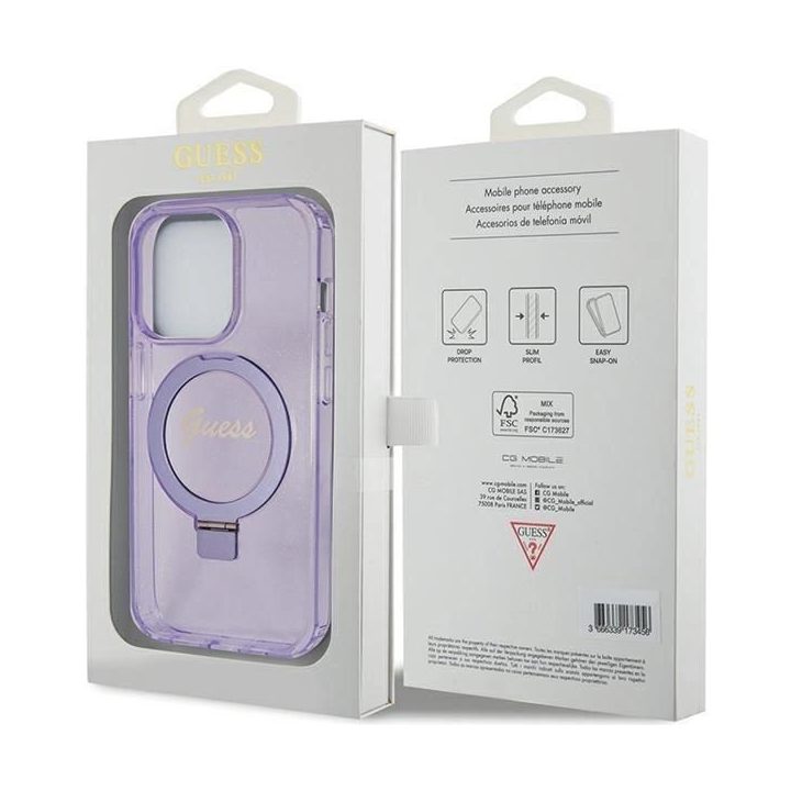 Guess Ring Stand Script Glitter MagSafe dėklas iPhone 15 Pro - violetinis