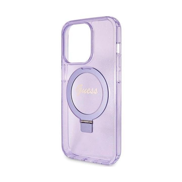 Guess Ring Stand Script Glitter MagSafe dėklas iPhone 15 Pro - violetinis
