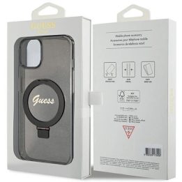 Guess Ring Stand Script Glitter MagSafe dėklas iPhone 15 Plus / 14 Plus - juodas
