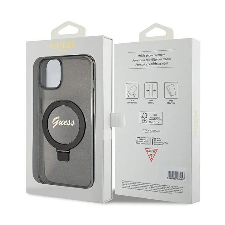 Guess Ring Stand Script Glitter MagSafe dėklas iPhone 15 Plus / 14 Plus - juodas