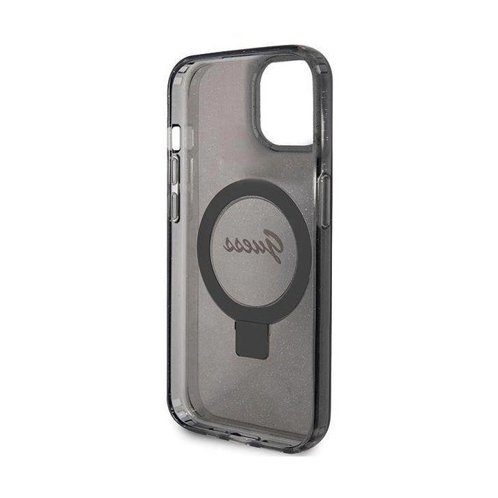 Guess Ring Stand Script Glitter MagSafe dėklas iPhone 15 Plus / 14 Plus - juodas