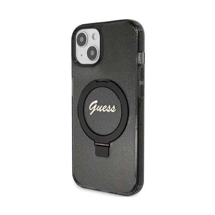 Guess Ring Stand Script Glitter MagSafe dėklas iPhone 15 Plus / 14 Plus - juodas