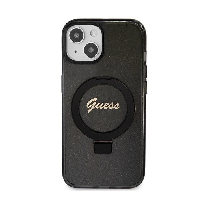 Guess Ring Stand Script Glitter MagSafe dėklas iPhone 15 Plus / 14 Plus - juodas