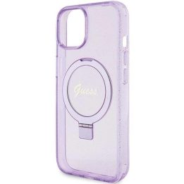 Guess Ring Stand Script Glitter MagSafe dėklas iPhone 15 Plus / 14 Plus - violetinis