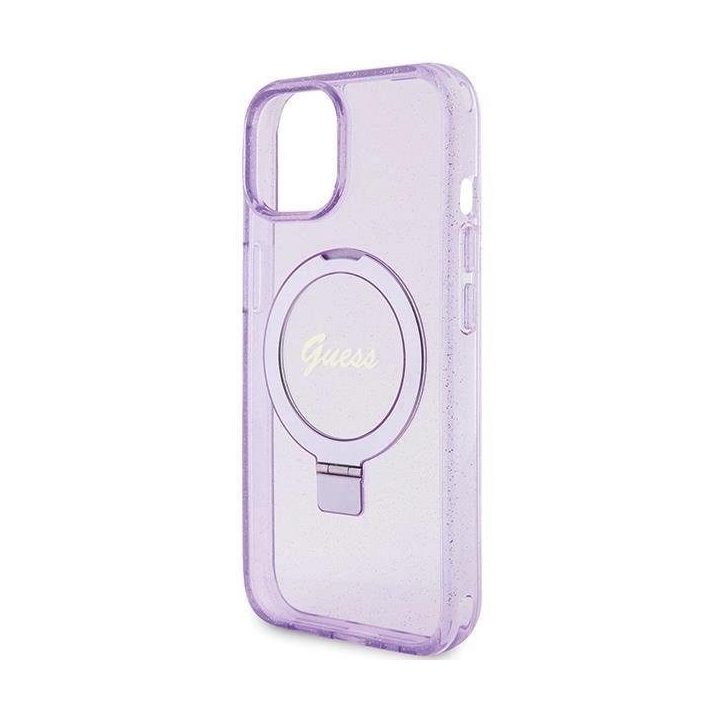 Guess Ring Stand Script Glitter MagSafe dėklas iPhone 15 Plus / 14 Plus - violetinis
