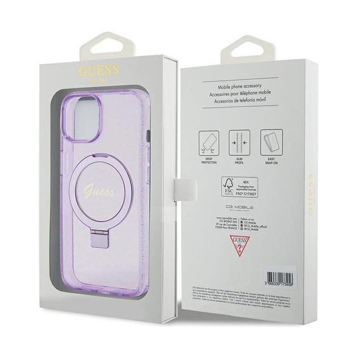 Guess Ring Stand Script Glitter MagSafe dėklas iPhone 15 Plus / 14 Plus - violetinis