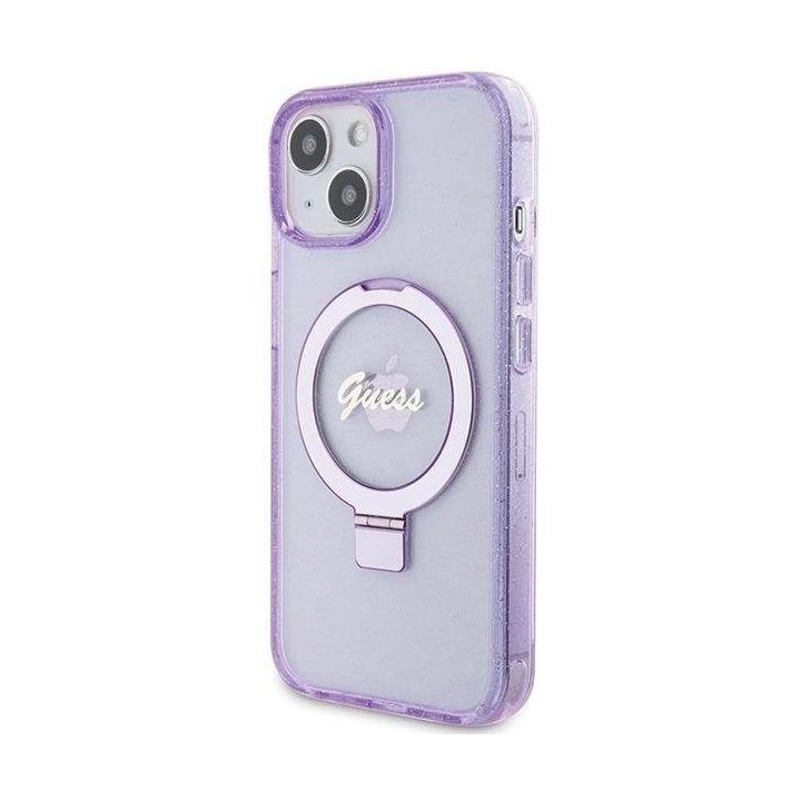 Guess Ring Stand Script Glitter MagSafe dėklas iPhone 15 Plus / 14 Plus - violetinis