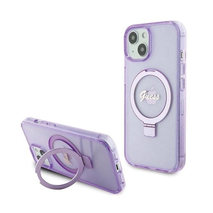 Guess Ring Stand Script Glitter MagSafe dėklas iPhone 15 Plus / 14 Plus - violetinis
