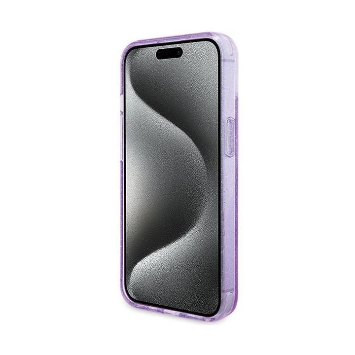 Guess Ring Stand Script Glitter MagSafe dėklas iPhone 15 Plus / 14 Plus - violetinis