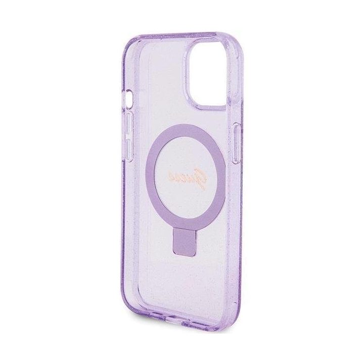 Guess Ring Stand Script Glitter MagSafe dėklas iPhone 15 Plus / 14 Plus - violetinis