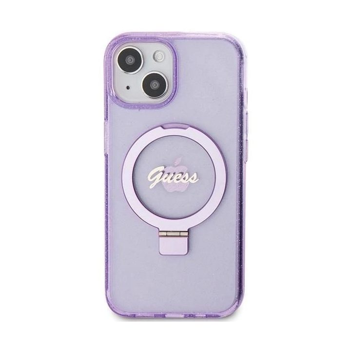 Guess Ring Stand Script Glitter MagSafe dėklas iPhone 15 Plus / 14 Plus - violetinis