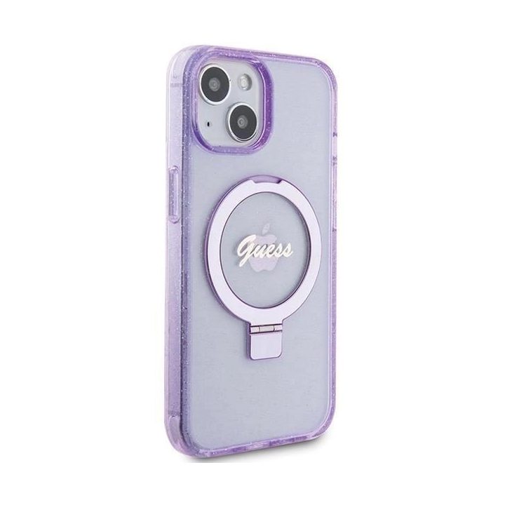 Guess Ring Stand Script Glitter MagSafe dėklas iPhone 15 Plus / 14 Plus - violetinis