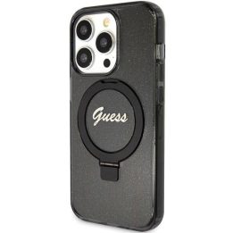 Guess Ring Stand Script Glitter MagSafe dėklas iPhone 15 Pro Max - juodas